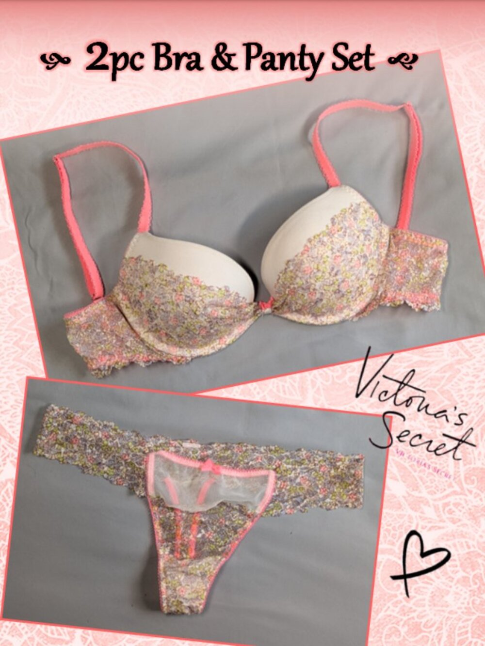 Victoria's Secret Summer Flower Lace Mesh Bra & Panty Set